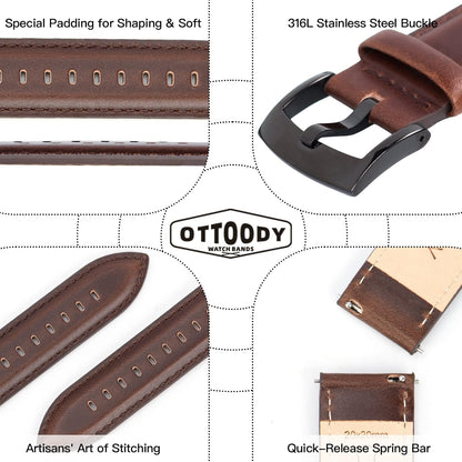 HOTOTTOODY Leather Watch Bands Quick Release, Elegant Top Grain Leather Watch Straps for Men & Women, Choice of Color & Width - 18mm, 19mm, 20mm, 21mm or 22mm Wristbands Bracelet for Watch & Smartwatch