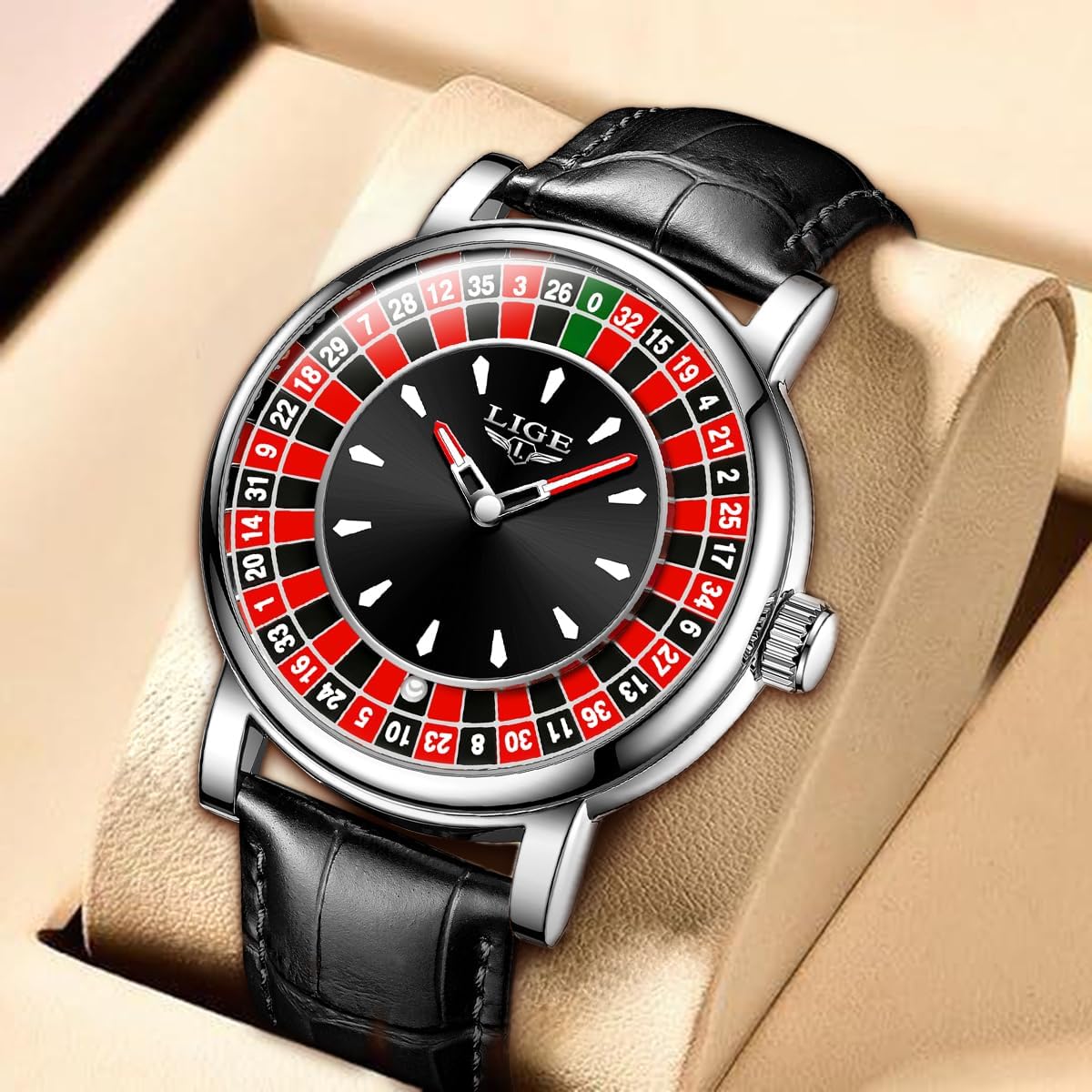HOTMens Watches,Unique Roulette Style Quartz Analog Watch,45MM Big Face Alloy Waterproof Glowing Watch for Men,Exquisite and Durable Leather Strap,Casual Fashionable Men's Wrist Watches