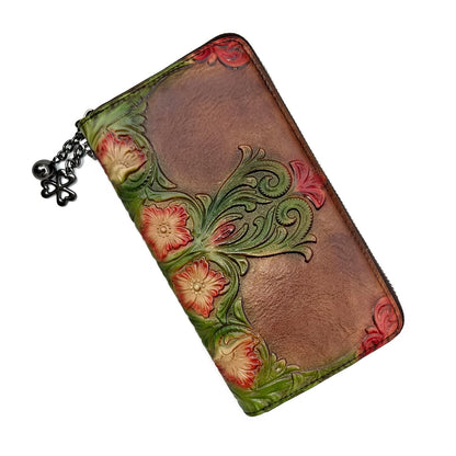 HOTWallet Genuine Leather for Women - with RFID Blocking Card checkbook ID Slot Large Capacity Vintage style (flower brown)
