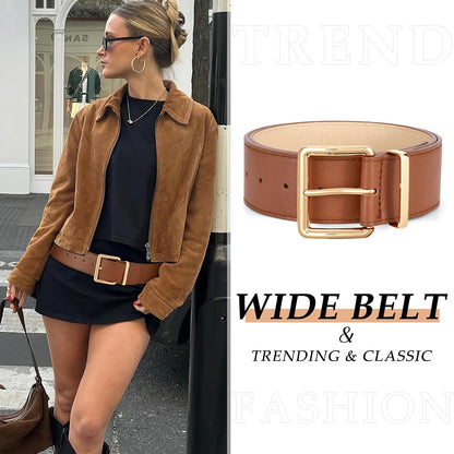 HOTWERFORU Women Wide Belt for Dresses Thick Leather Belt with Big Gold Buckle Fahion Women Chunky Belt