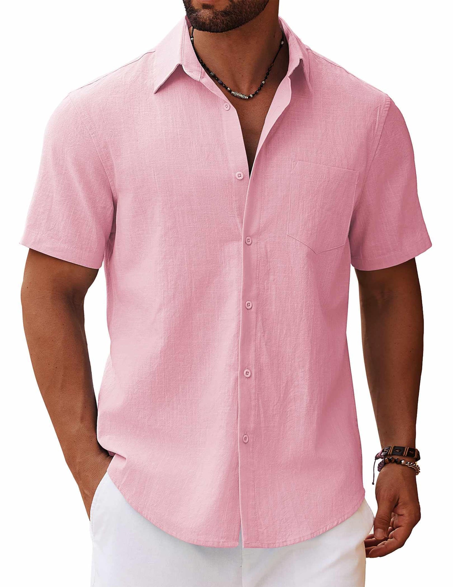 HOTCOOFANDY Men's Button Down Short Sleeve Shirt Casual Cotton Summer Beach Linen Wedding Shirts with Pocket
