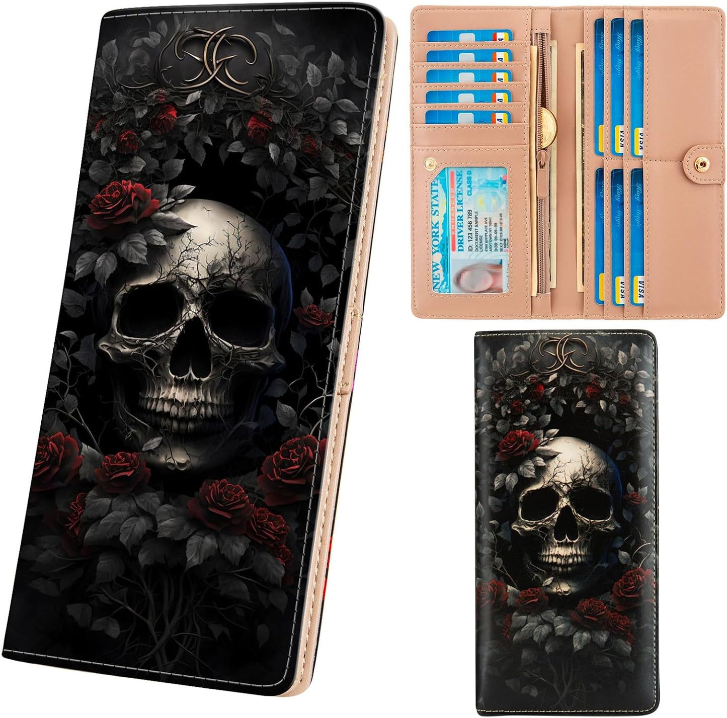 HOTWallets for Women RFID Wallet Cute Girls Ultra Slim Compact Clutch Long Credit Card Holder Floral Travel Wallet personalized Coin Pocket (Rose Skull)
