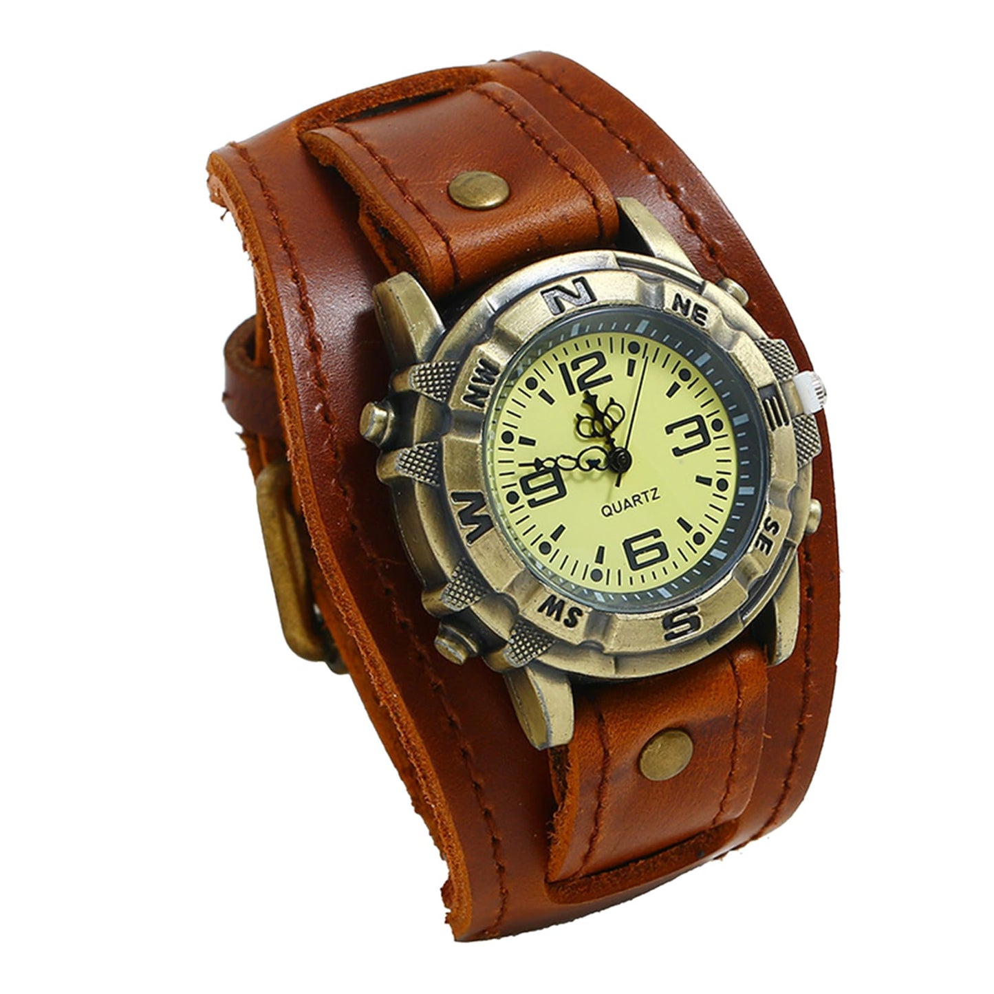 HOTAvaner Men's Vintage Leather Watches: Retro Punk Wide Band Cuff Steampunk Analog Quartz Wrist Watch