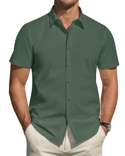 HOTJ.VER Men's Short Sleeve Dress Shirts Stretch Stain Shield Casual Button Down Shirts Solid Formal Shirt