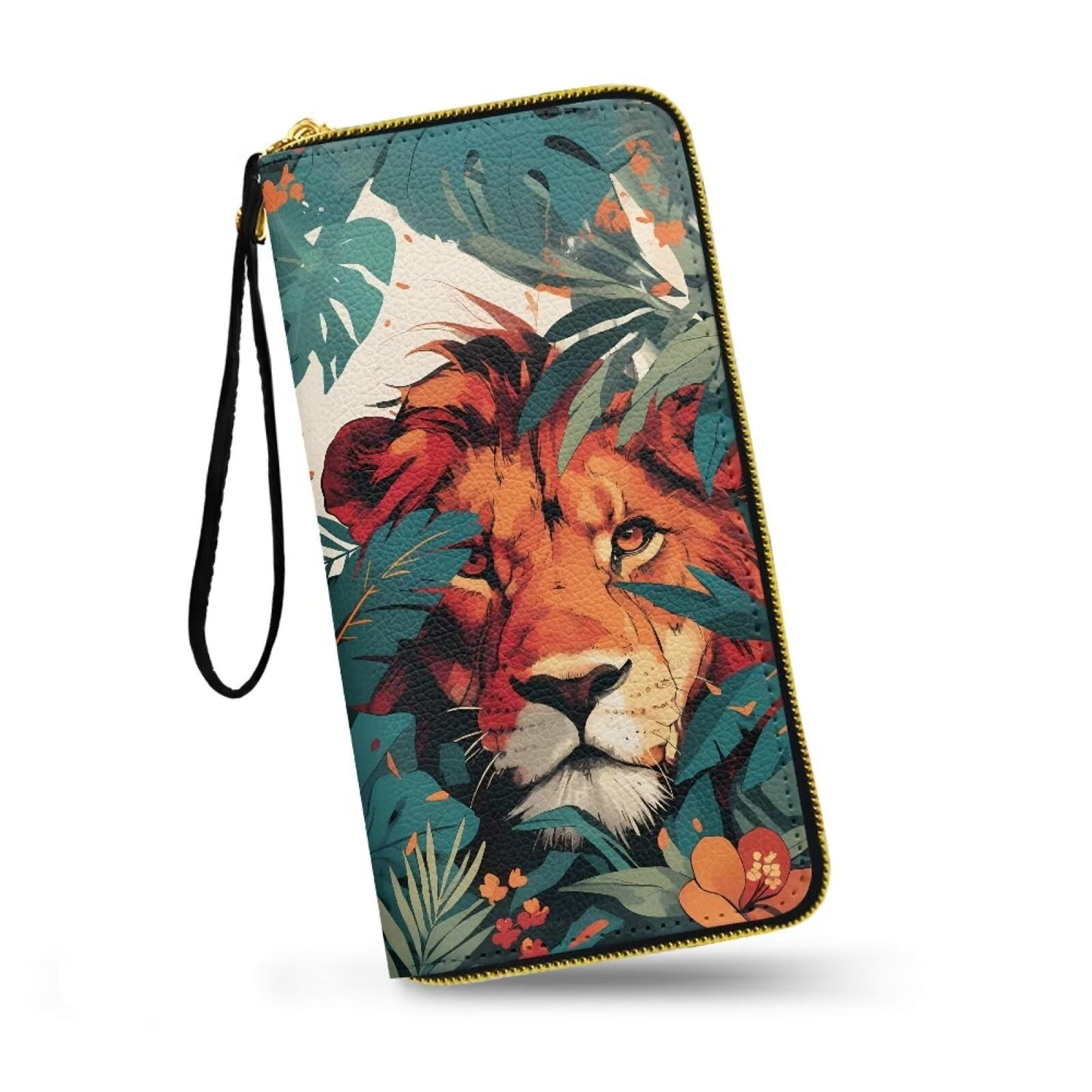 HOTHawaii Totem Flowers PU Leather Ladies Wallet Wristlet, Tropical Hawaiian Tiki Art Zip Around Wallets for Women, Brown Large Capacity Card Holder Organizer