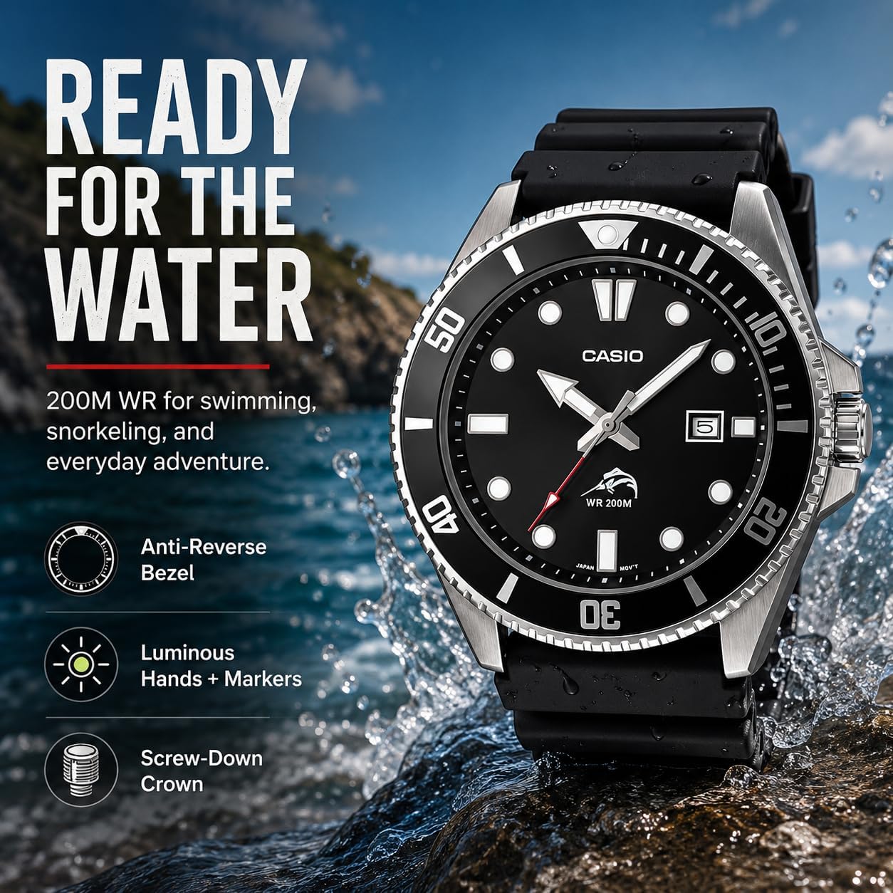 HOTCasio MDV106 Series | Unisex Analog Watch | 200M WR | Stainless Steel Case | Resin Band | 2 Hand Analog (HR, Min, SEC) | Date Display | Screw Down Crown/Screw Down Caseback | 3 Year Battery