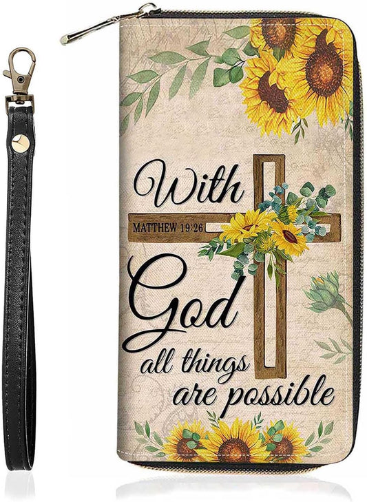 HOTChristian Cross Quote Bible Verse Matthew 19:26 Print Wallet for Women Large Capacity Wallet Credit Card Holder PU Leather Zipper Clutch Purse Phone Wallet
