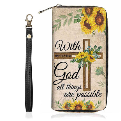HOTChristian Cross Quote Bible Verse Matthew 19:26 Print Wallet for Women Large Capacity Wallet Credit Card Holder PU Leather Zipper Clutch Purse Phone Wallet