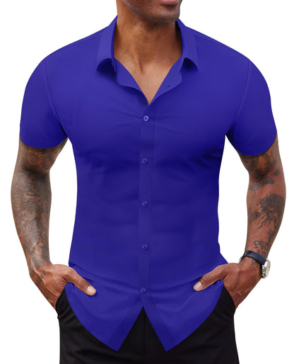 HOTLion Nardo Stretch Dress Shirts for Men Short Sleeve Slim Fit Casual Button Down Shirts Muscle Fit Men's Dress Shirts