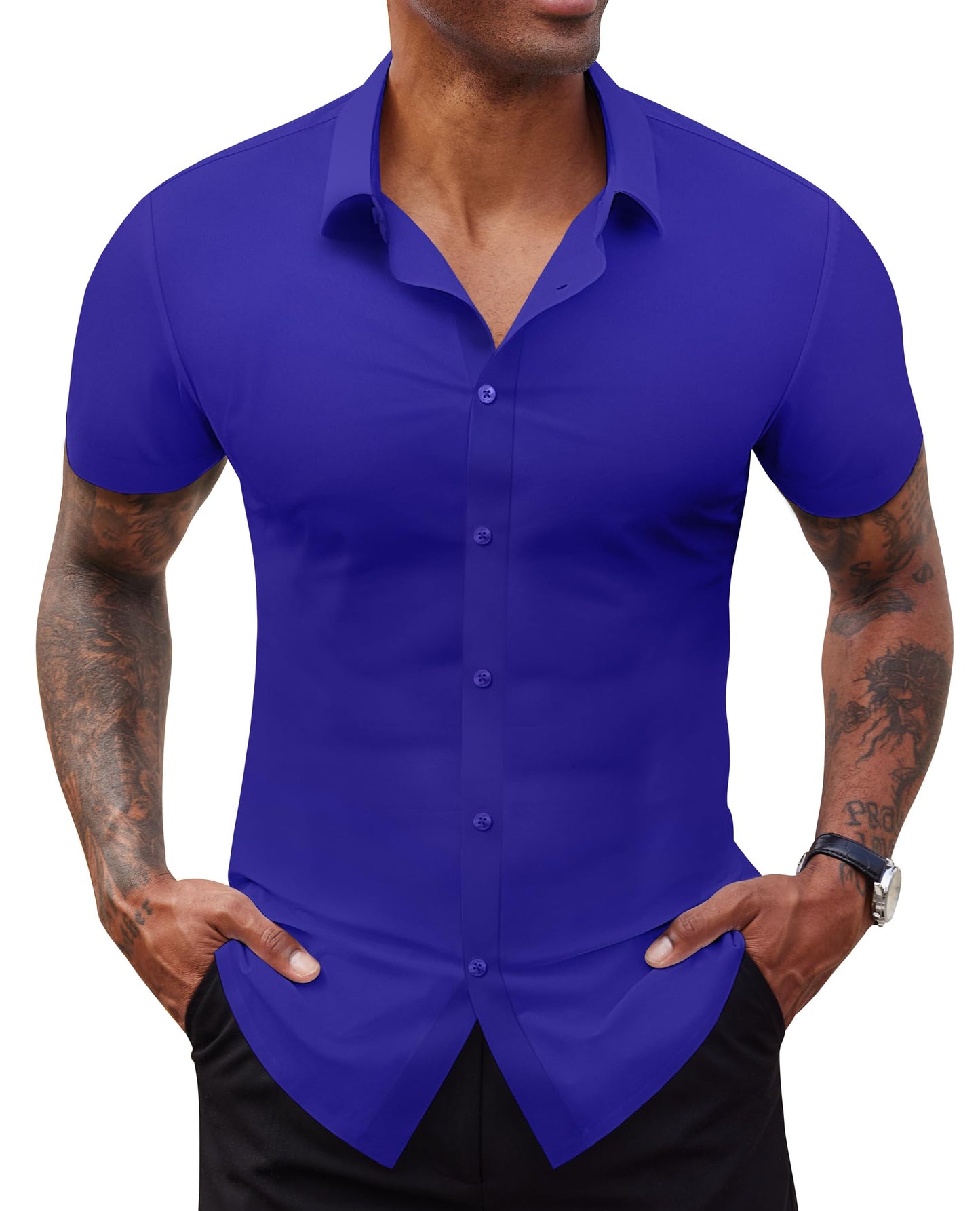 HOTLion Nardo Stretch Dress Shirts for Men Short Sleeve Slim Fit Casual Button Down Shirts Muscle Fit Men's Dress Shirts