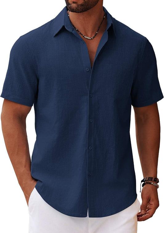 HOTCOOFANDY Men's Button Down Short Sleeve Shirt Casual Cotton Summer Beach Linen Wedding Shirts with Pocket