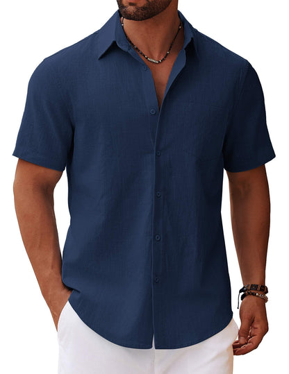 HOTCOOFANDY Men's Button Down Short Sleeve Shirt Casual Cotton Summer Beach Linen Wedding Shirts with Pocket