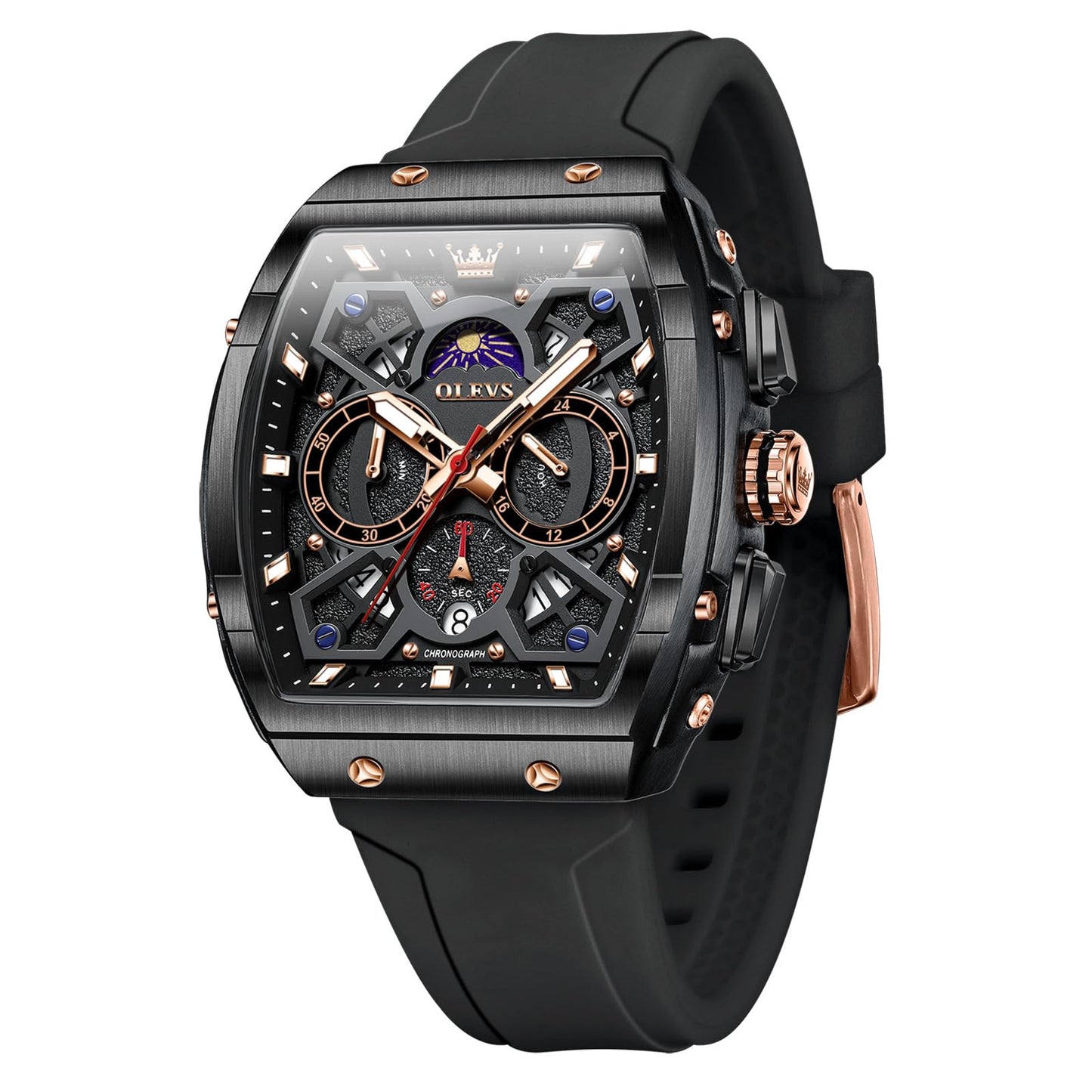 HOTOLEVS Tonneau Square Mens Watches, Fashion Large Face Silicone Band Watches for Men, Multifunctional Chronograph Quartz Men Waterproof Watch