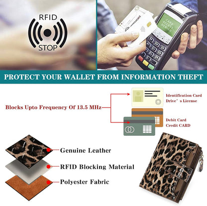 HOTGOIACII Leather Women's Wallet RFID Blocking Credit Card Holder Leopard | Compact, Small, Trifold Billfold with Zipper Coin Pocket, 4 ID Windows