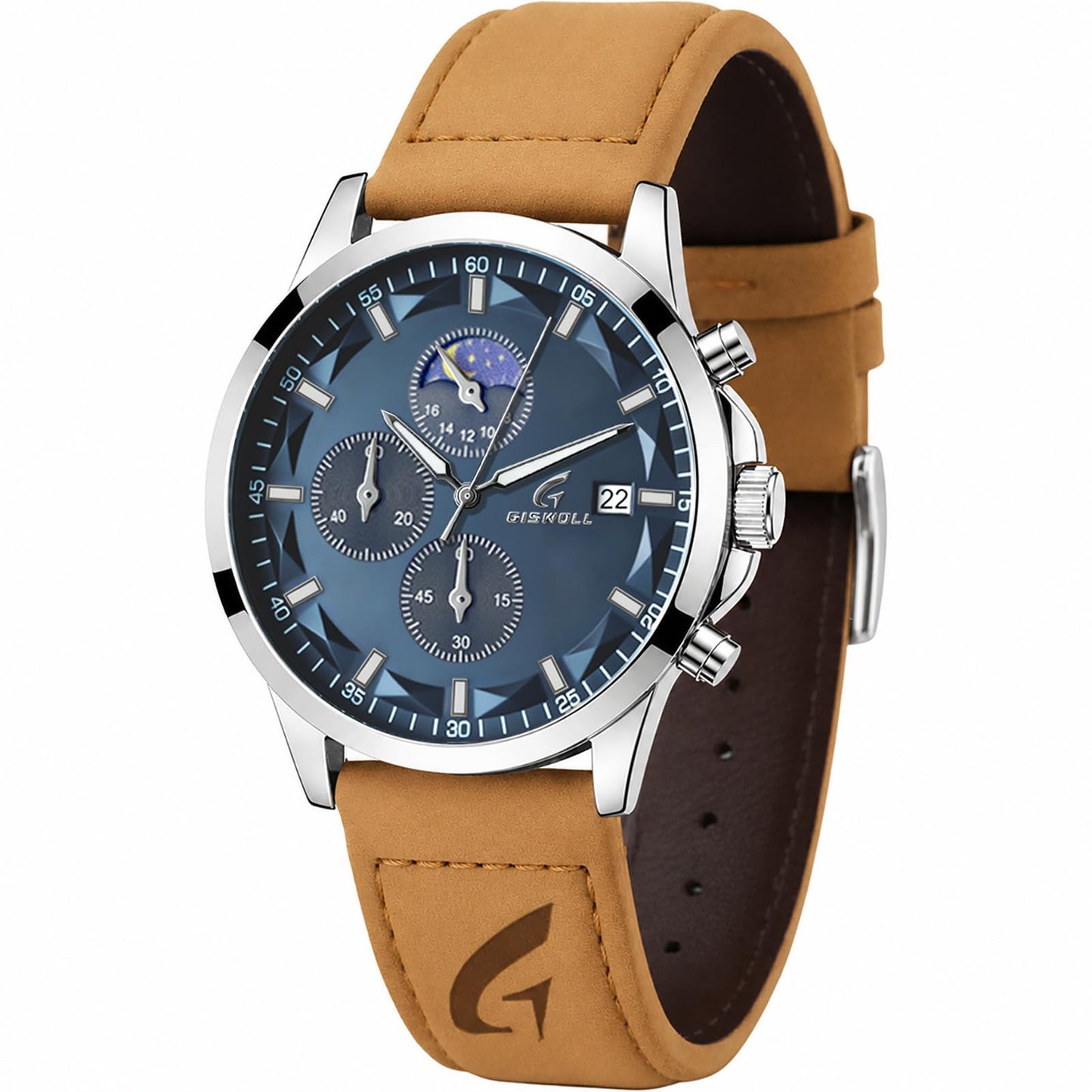 HOTFashion Casual Analog Watches for Men with Functional Chronograph Subdials | Mens Watches with Decorative Sun-Moon Dial, Auto Date, Dual Timers, Luminous, Waterproof, Gifts for Men Dad Husband Boyfriend
