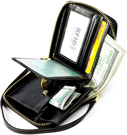 HOTSmall Womens Wallet, RFID Blocking Genuine Leather Purse Zip Around Credit Card Holder Purse Clutch Wallet with Wristlet (Black)