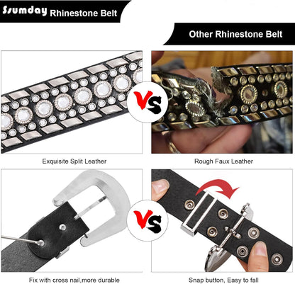 HOTMen Women's Rhinestone Bling Studded 1.5" Leather Belts for Jeans Pants with Fashion Silver Buckle