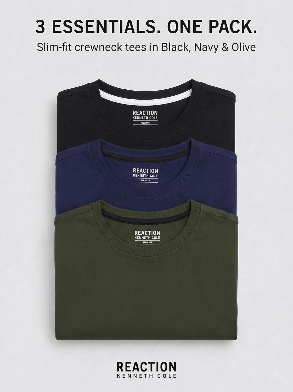 HOTKenneth Cole REACTION Mens T-Shirt Pack of 3 | UPF 50+ Cotton/Spandex Jersey Slim Fit White T Shirts for Men Pack