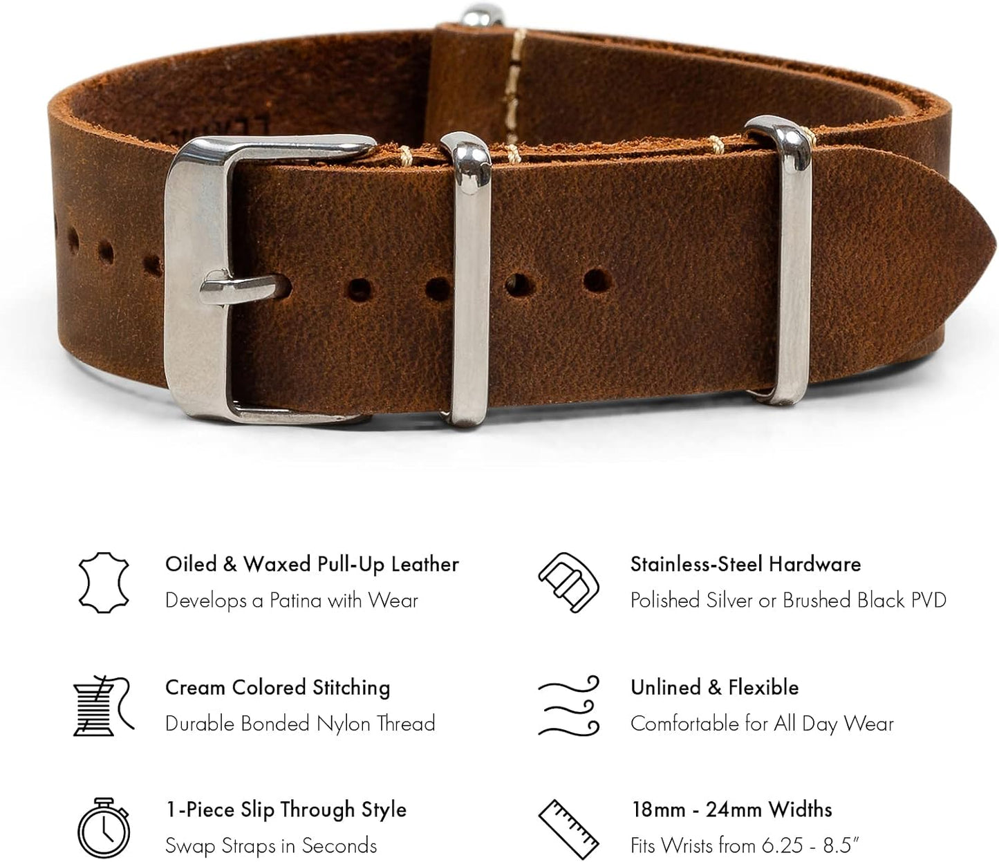 HOTBenchmark Leather Watch Band - Crazy Horse Oiled Leather One-Piece Watch Straps for Men or Women - 18mm, 20mm, 22mm or 24mm Widths