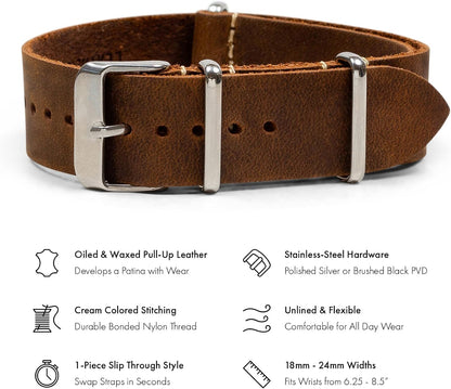 HOTBenchmark Leather Watch Band - Crazy Horse Oiled Leather One-Piece Watch Straps for Men or Women - 18mm, 20mm, 22mm or 24mm Widths