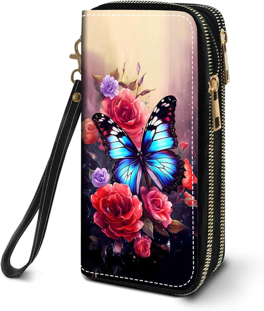 HOTWomen's Large Capacity Wallet PU Leather Double Zipper Clutch Purse Multifunctional Wallet with Removable Wristlet Strap for Smart Phone/Coin/Card/Cash, Flower Butterfly