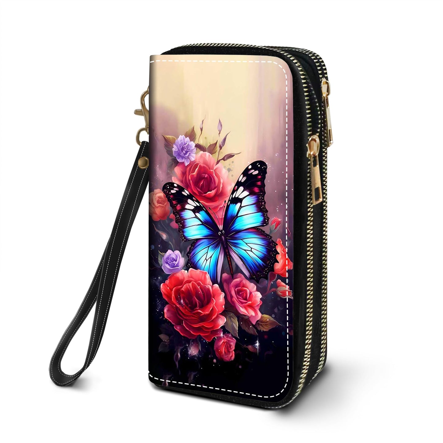 HOTWomen's Large Capacity Wallet PU Leather Double Zipper Clutch Purse Multifunctional Wallet with Removable Wristlet Strap for Smart Phone/Coin/Card/Cash, Flower Butterfly