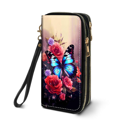 HOTWomen's Large Capacity Wallet PU Leather Double Zipper Clutch Purse Multifunctional Wallet with Removable Wristlet Strap for Smart Phone/Coin/Card/Cash, Flower Butterfly