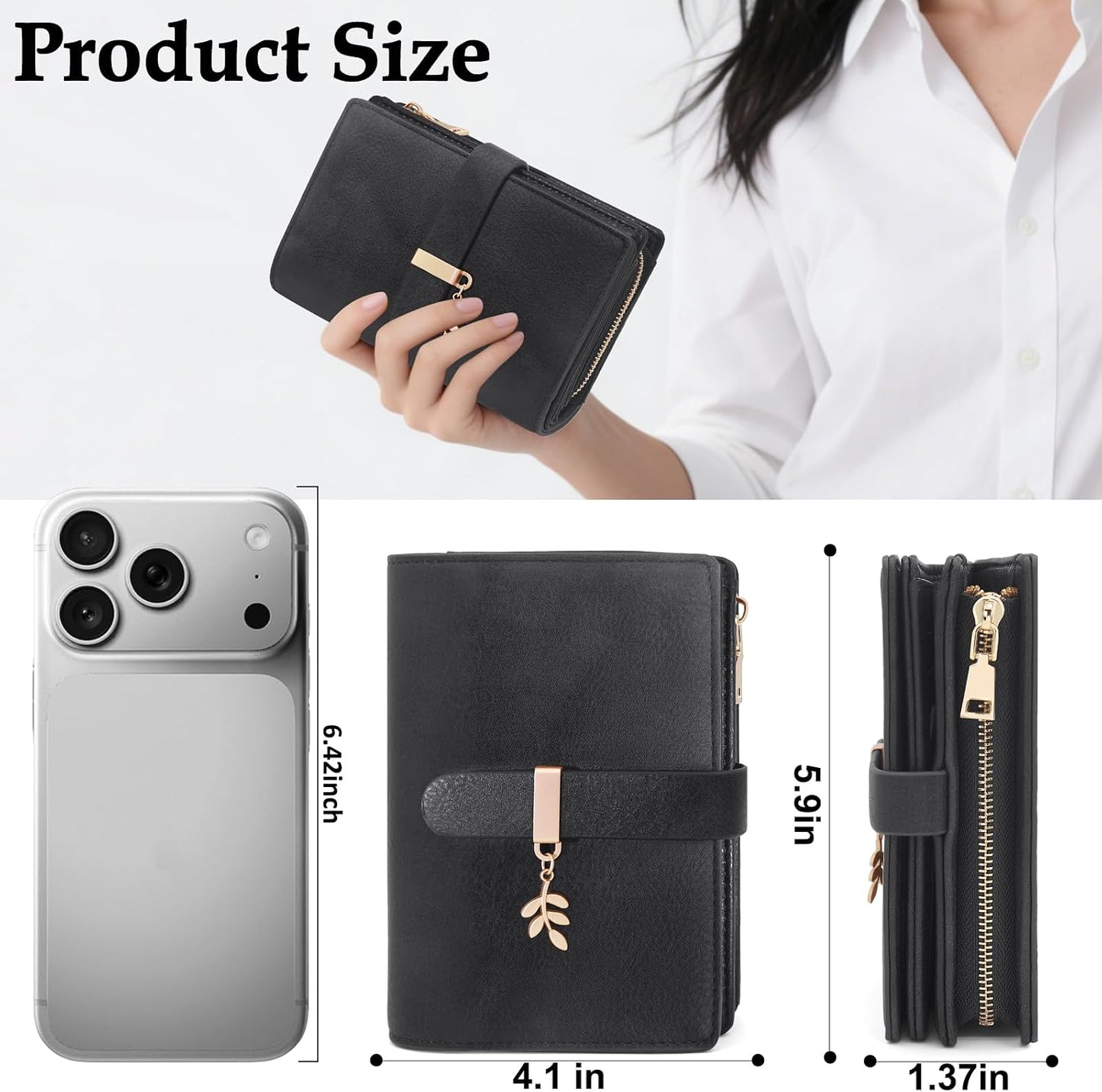 HOTWomen Trifold RFID Blocking Wallet, PU Leather Large Capacity Card Holder Ladies Wallet with Clear ID Window for Daily Travel Black