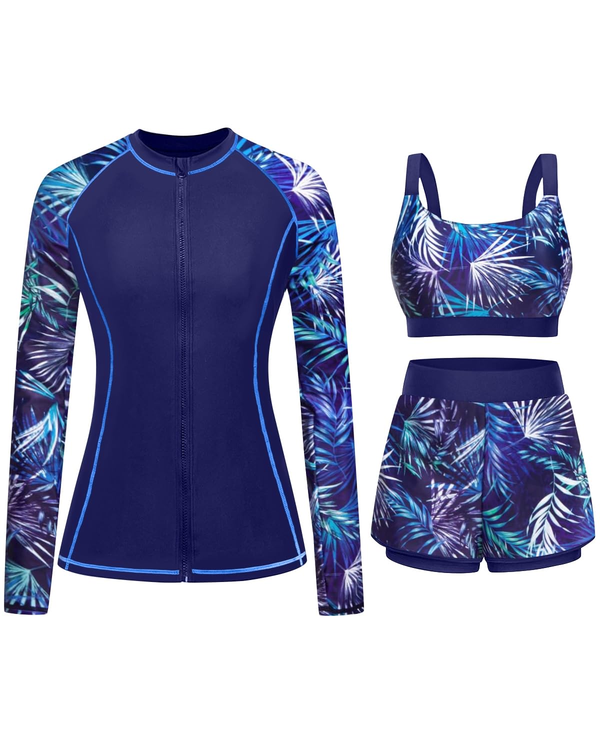 HOTDaci 3 Piece Rash Guard Set with 3'' Shorts | UPF 50+ Sun Protection, Long Sleeve Swim Shirt, High Rise, Built-in Bra, Removable Pads, for Beach, Pool, and Surfing