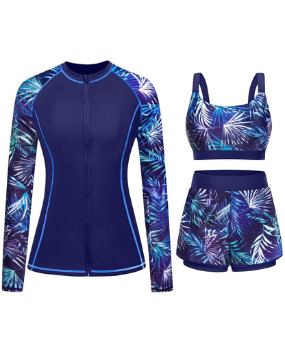 HOTDaci 3 Piece Rash Guard Set with 3'' Shorts | UPF 50+ Sun Protection, Long Sleeve Swim Shirt, High Rise, Built-in Bra, Removable Pads, for Beach, Pool, and Surfing