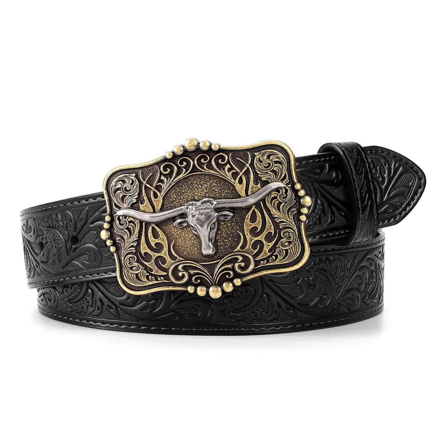 HOTCowboy Cowgirl Belt Western Belts for Men Women Floral Engraved Longhorn Bull Buckle Belt for Jeans
