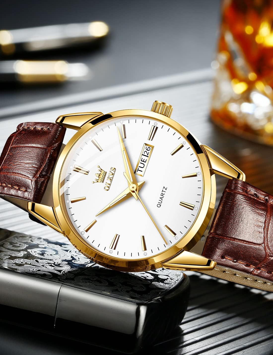 HOTOLEVS Leather Watches for Men Casual Easy to Read Quartz Number Waterproof