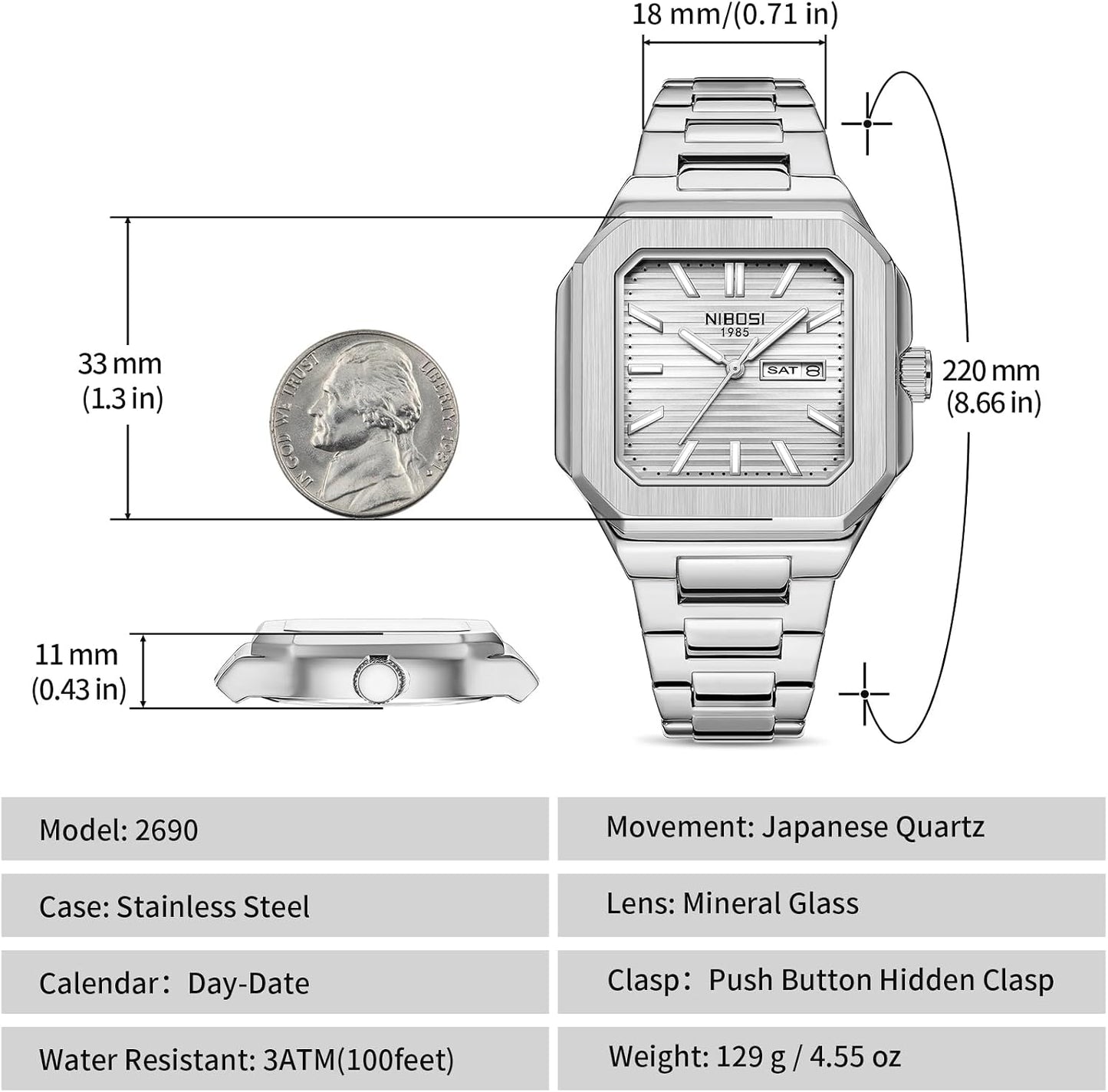 HOTNIBOSI Men Watches Analog Quartz Stainless Steel Silver Watches for Men Waterproof Business Classic Watch with Day and Date Display Wrist Watch for Work and Casual Wear