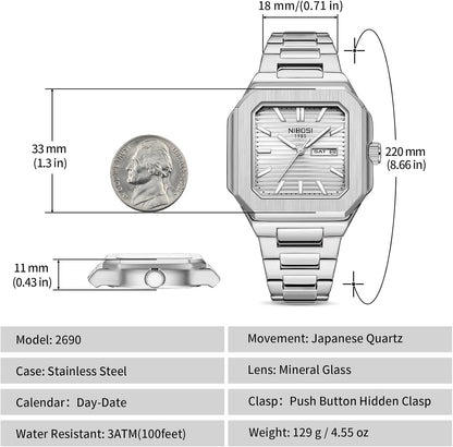 HOTNIBOSI Men Watches Analog Quartz Stainless Steel Silver Watches for Men Waterproof Business Classic Watch with Day and Date Display Wrist Watch for Work and Casual Wear