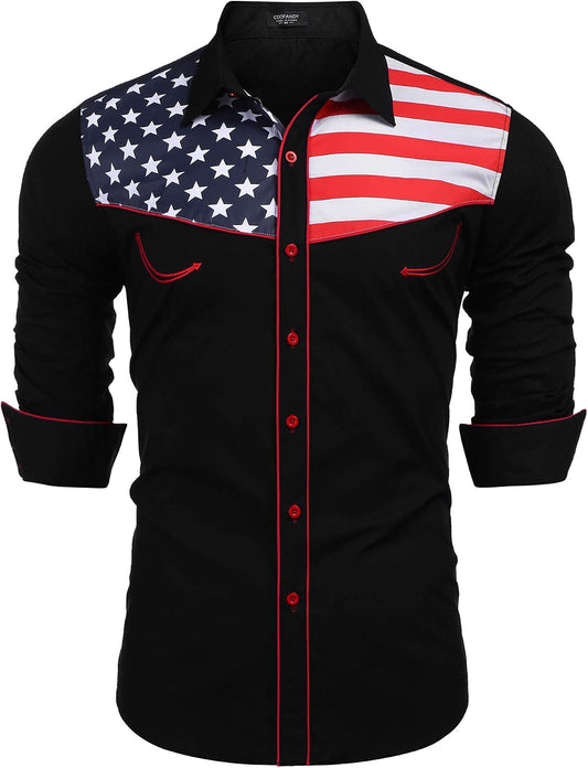 HOTCOOFANDY Men's American Flag Button Down Shirts Western Cowboy Shirt Slim Fit Patriotic Long Sleeve Shirt