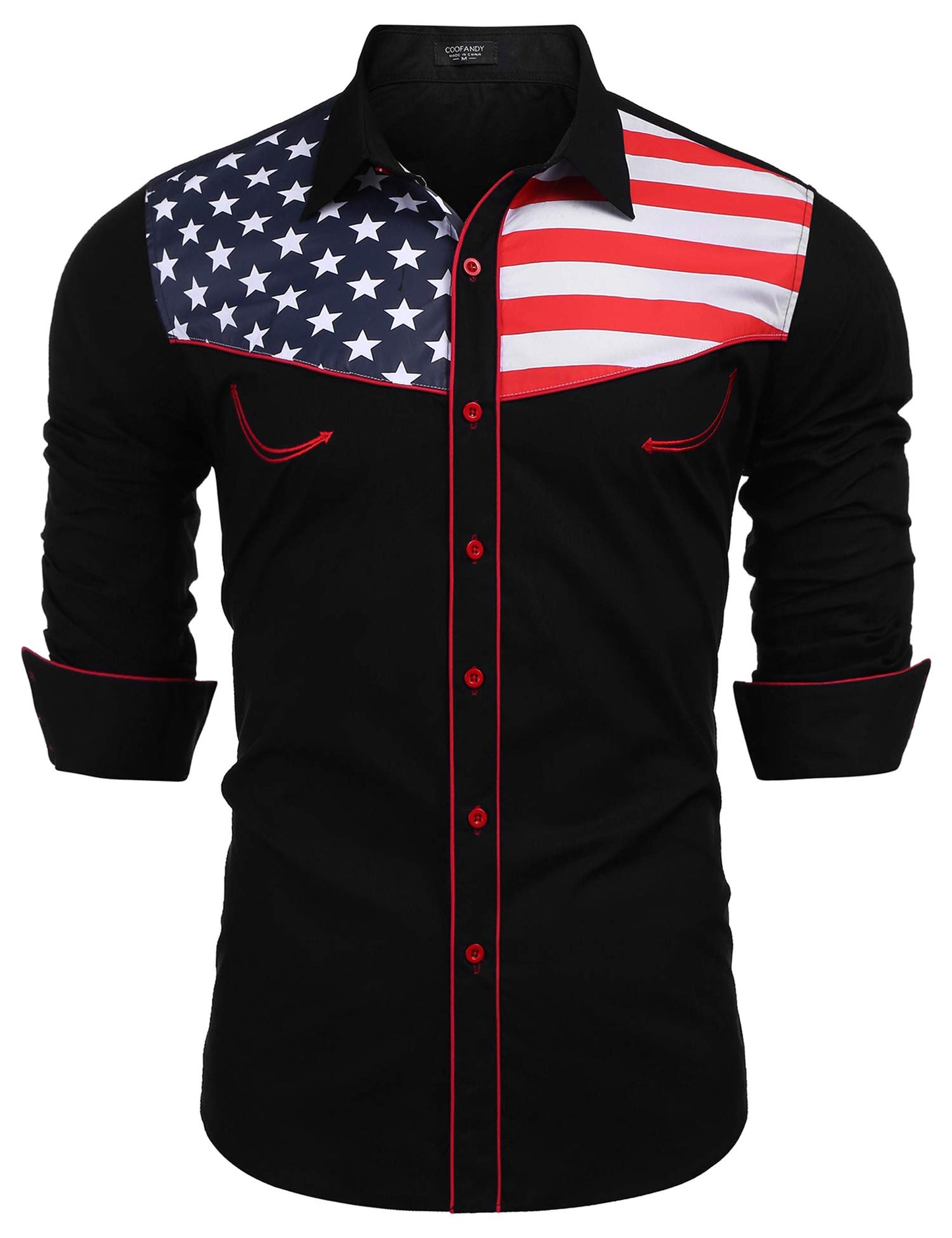 HOTCOOFANDY Men's American Flag Button Down Shirts Western Cowboy Shirt Slim Fit Patriotic Long Sleeve Shirt