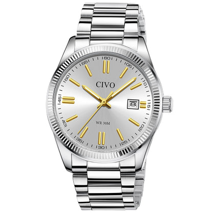 HOTCIVO Analog Mens Watches Silver: Wrist Watches with Date Easy to Read | Dress Stainless Steel Watch for Men, Gifts for Husband Father at Birthday Anniversary