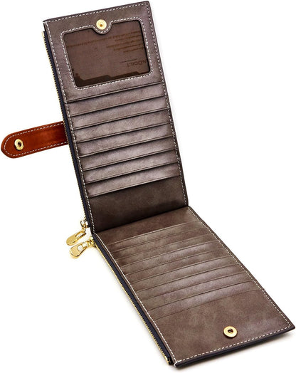 HOTANDOILT Women's Genuine Leather Wallet RFID Blocking Credit Card Holder Zipper Purse Cell Phone Handbag
