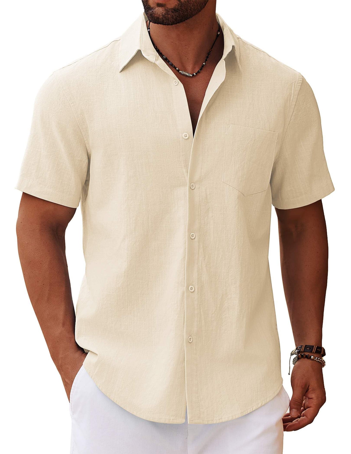 HOTCOOFANDY Men's Button Down Short Sleeve Shirt Casual Cotton Summer Beach Linen Wedding Shirts with Pocket