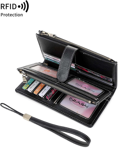 HOTRFID Blocking PU Leather Wallet for Women - Slim Bifold with 16 Card Slots & Zipper Pocket, Compact Designer Purse with Smooth Double Zipper Design