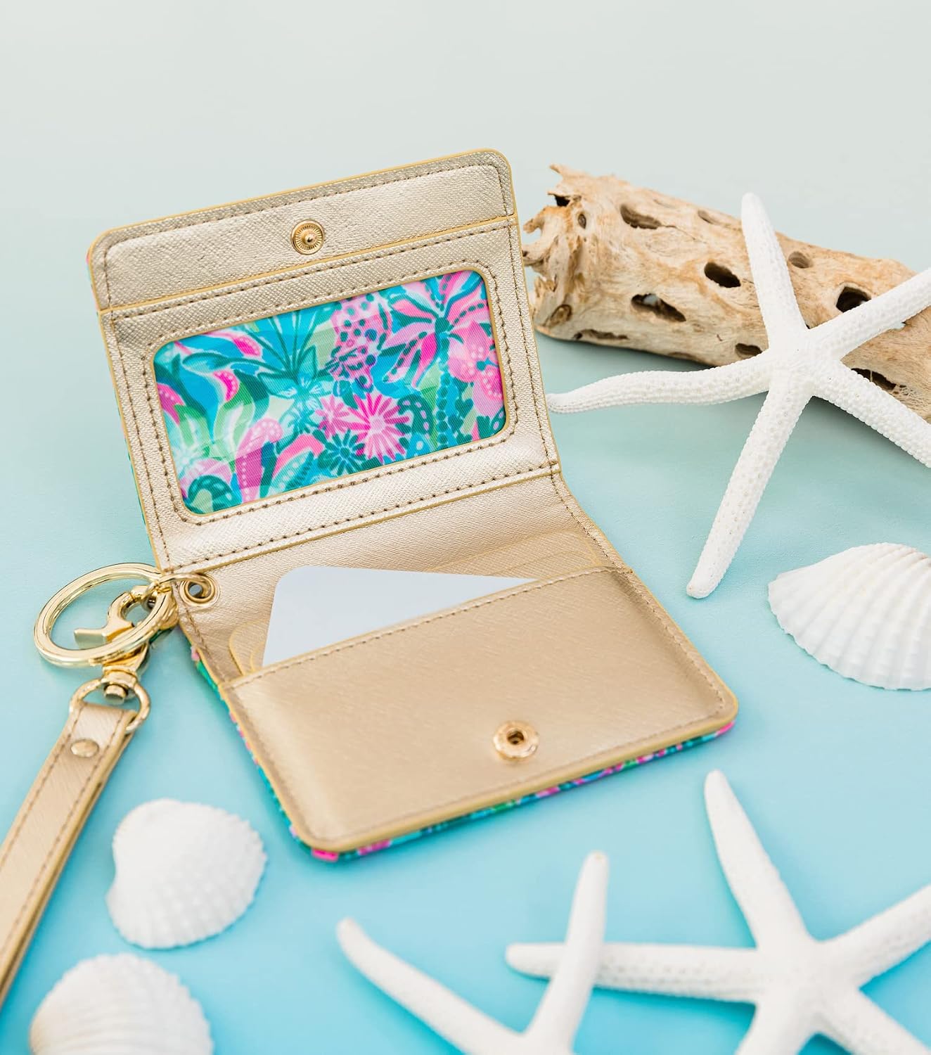 HOTLilly Pulitzer Leatherette Snap ID Card Case Wallet, Golden Hour | Cute Money Holder with Removable Wristlet Strap and Key Ring, Slim Credit Card Holder with Snap Closure