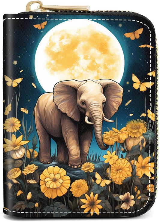 HOTCredit Card Holder Wallets for Women, Slim Leather Card Holder Wallet, Credit Card Wallet Organizer, Pocket Business Card Case with Zipper, Elephants and Flowers Under the Moon