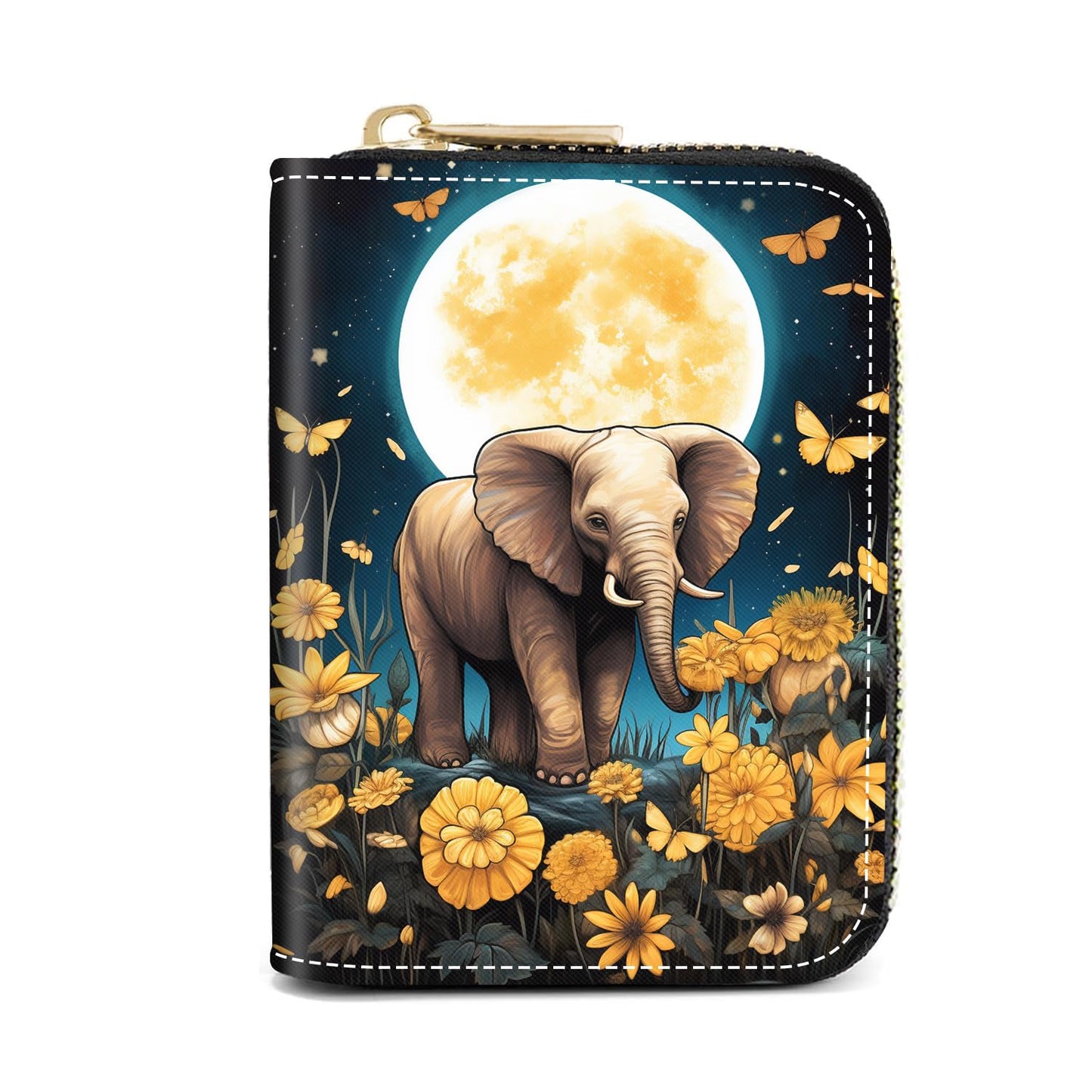HOTCredit Card Holder Wallets for Women, Slim Leather Card Holder Wallet, Credit Card Wallet Organizer, Pocket Business Card Case with Zipper, Elephants and Flowers Under the Moon