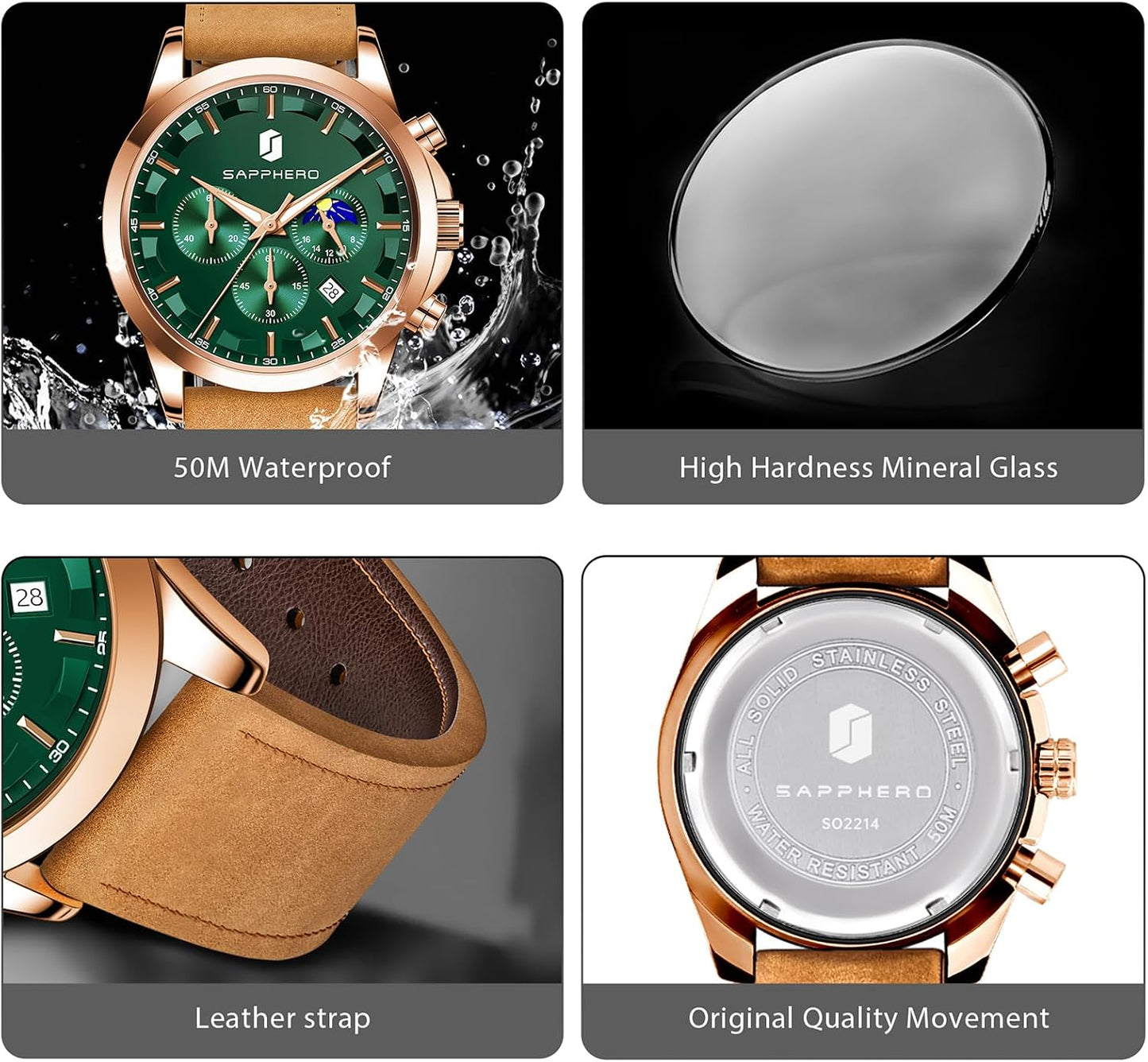HOTSAPPHERO Chronograph Watches for Men, Original Business Casual Stainless Steel Analog Watch 50M Waterproof Luminous Watches with Date Dial, Mens Gift