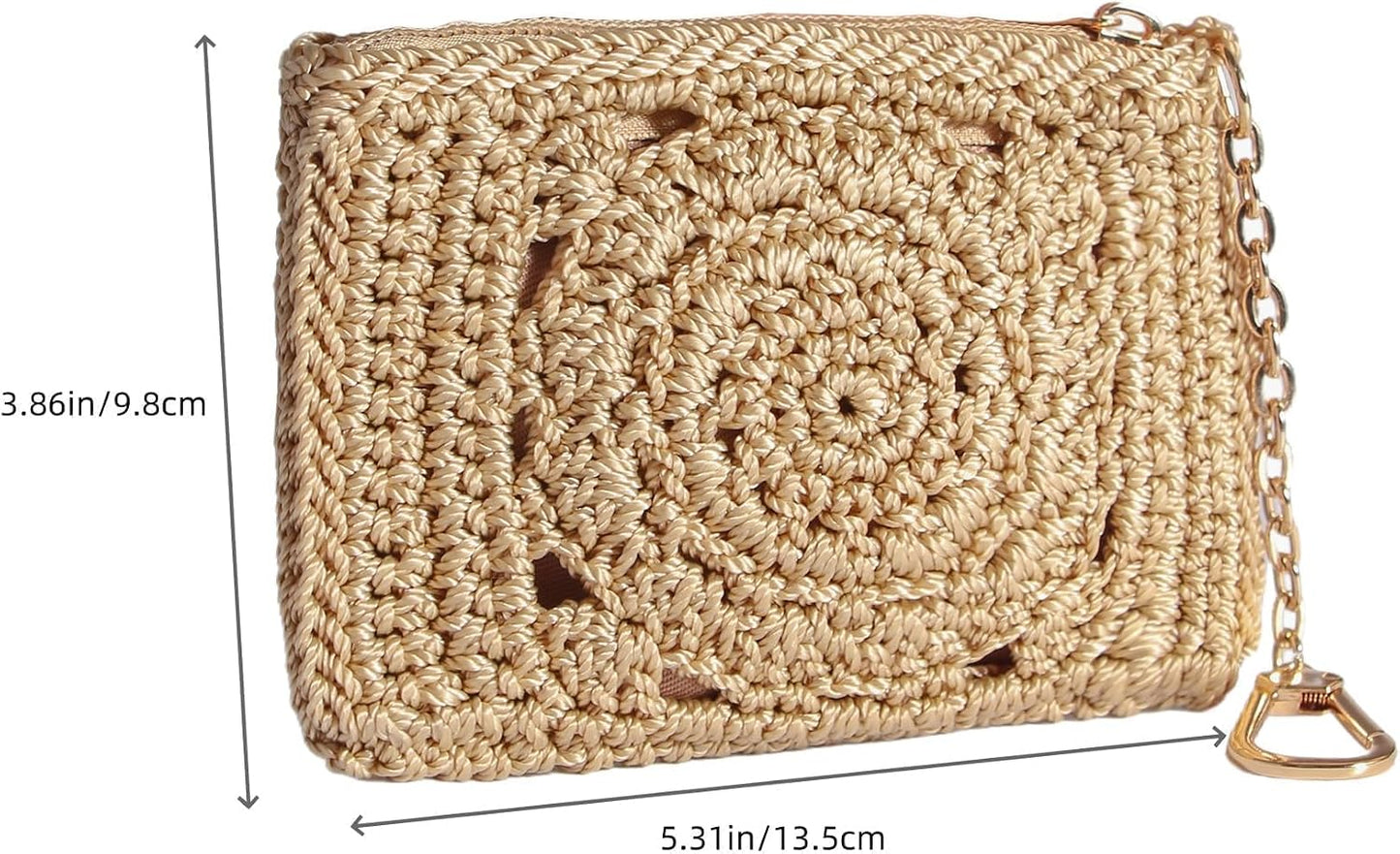 HOTEiyye Crochet Card Holder Wallet for Women Small Zipper Coin Purse with Keychain Slim Mini Wallet for Credit Cards & Cash (Khaki)