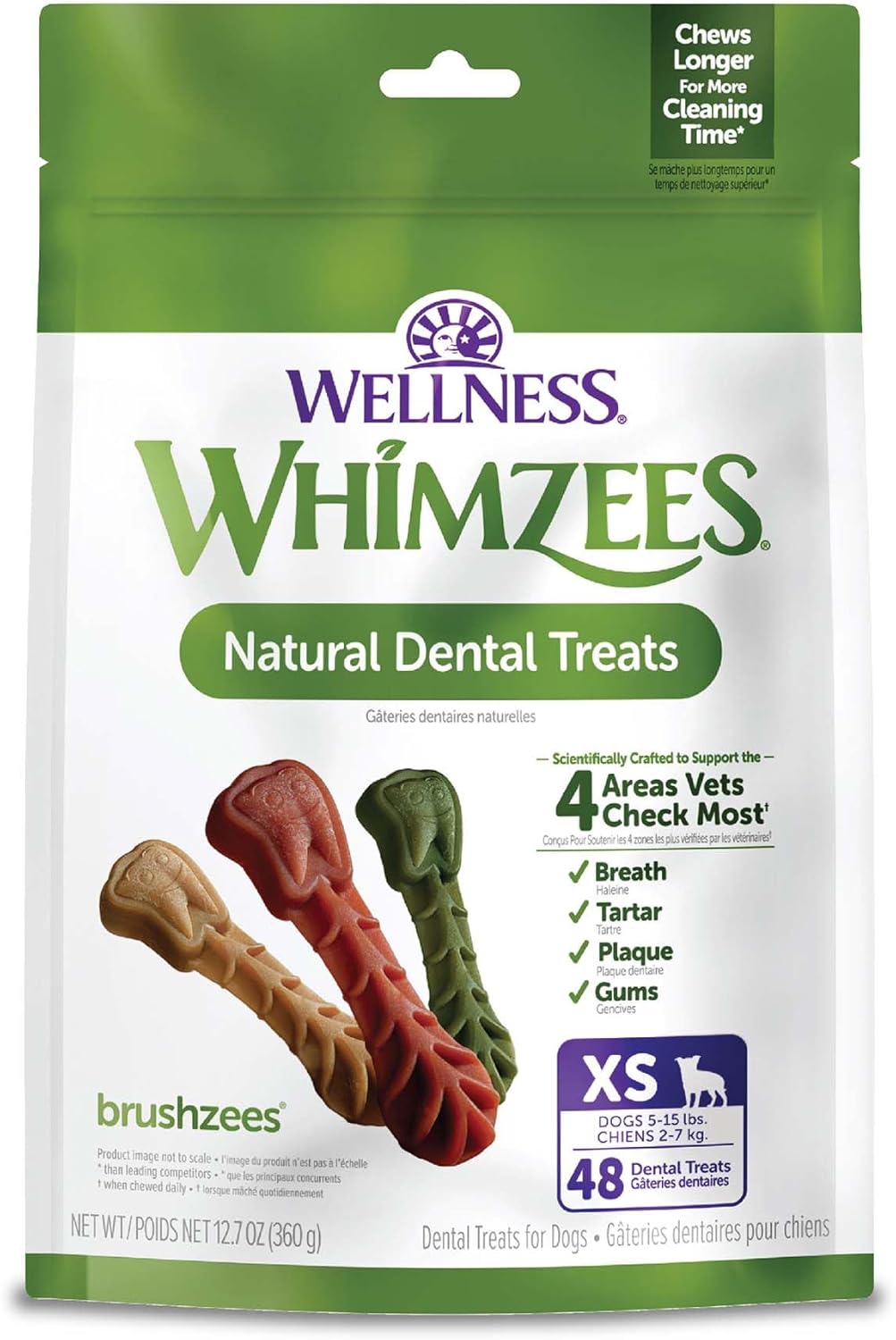 HOTWhimzees Wellness Brushzees Natural Dog Dental Treat, VOHC Accepted Chews, Freshens Breath, Extra-Small Size, 12.7 oz Bag, 48 Count