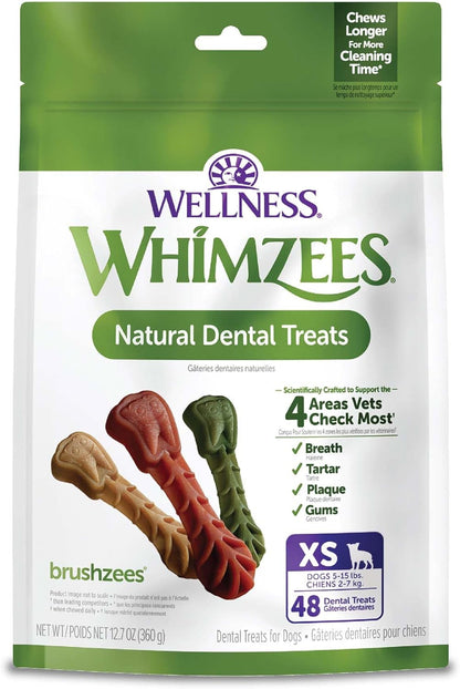 HOTWhimzees Wellness Brushzees Natural Dog Dental Treat, VOHC Accepted Chews, Freshens Breath, Extra-Small Size, 12.7 oz Bag, 48 Count