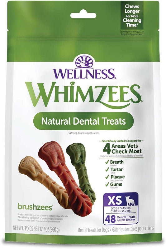 HOTWhimzees Wellness Brushzees Natural Dog Dental Treat, VOHC Accepted Chews, Freshens Breath, Extra-Small Size, 12.7 oz Bag, 48 Count