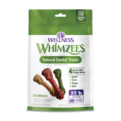 HOTWhimzees Wellness Brushzees Natural Dog Dental Treat, VOHC Accepted Chews, Freshens Breath, Extra-Small Size, 12.7 oz Bag, 48 Count