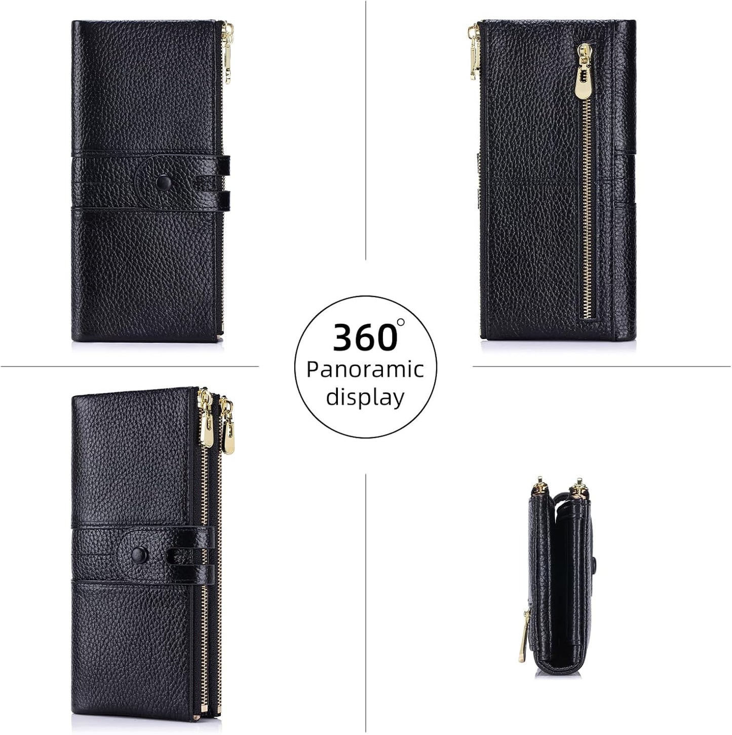 HOTLarge Capacity Wallets for Women Soft Leather RFID Blocking Long Wallet Ladies Bifold Clutch Purse Credit Card Holder with Double Zipper Pocket ID Window,Black